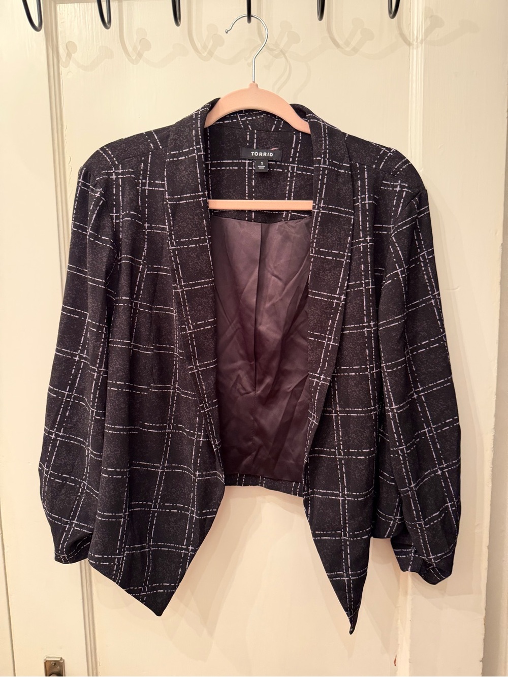 Torrid Black Plaid Open-Front Cropped Blazer